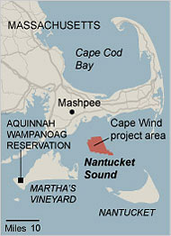A New York Times map illustrating the location of the proposed wind farm