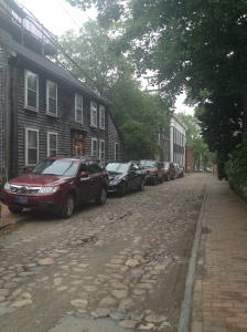 A row of typical Quaker-style shingle houses on a cobblestone street.