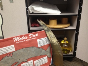 The ArtifACK Cart contents, including our "Mobie Dick" diagram, spermaceti oil, and a piece of baleen!