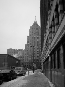 The Fisher Building (center) and the original GM Office (right) in Detroit's New Center neighborhood
